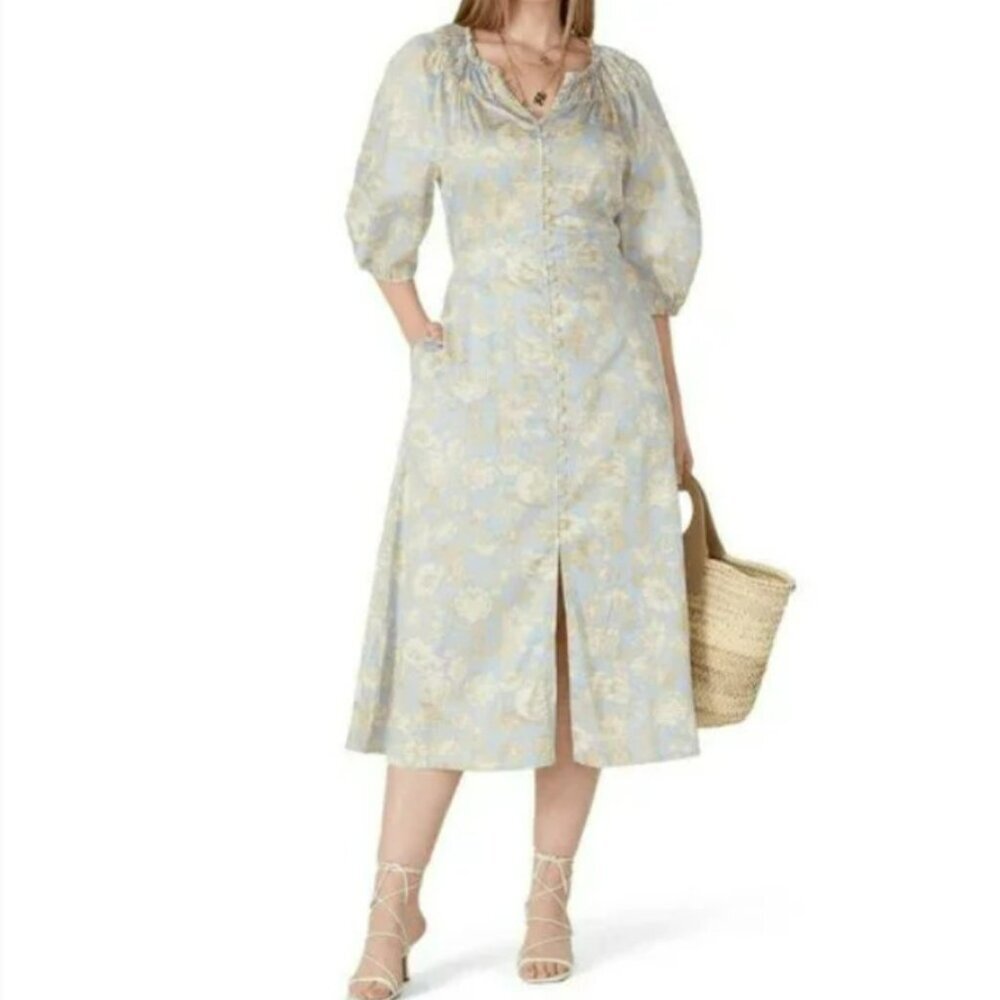 Rebecca Taylor Maxi Floral Print A-Line Scoop Neck Puff Short Sleeve Dress Sz L